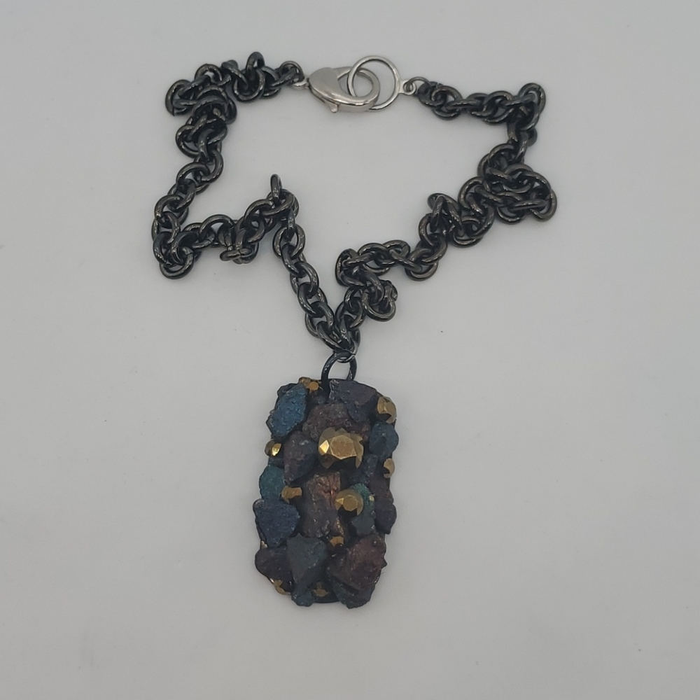 GILDED PEACOCK RHINESTONE DOG TAG NECKLACE